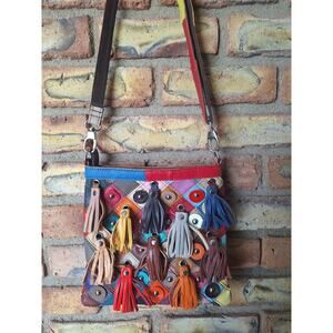 Leather Multicolored Fringe Crossbody 9"x9" NWOT
